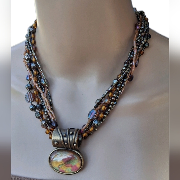 Chico's Multi-Strand Earth Tone Beaded Necklace with Abstract Resin Pendant - Picture 2 of 8